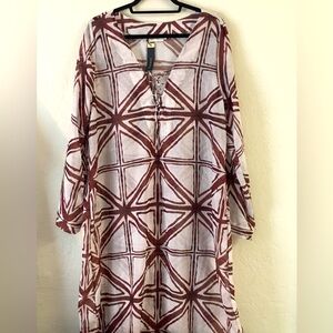 Touche Long Tunic Kaftan Dress Cream Brown Wide Sleeves Casual Vacation Travel